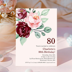 Burgundy Floral 80th Birthday Invitation