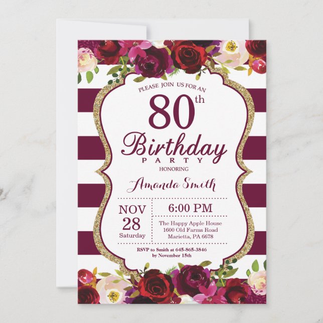 Burgundy Floral 80th Birthday Party Invitation (Front)