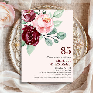 Burgundy Floral 85th Birthday Invitation