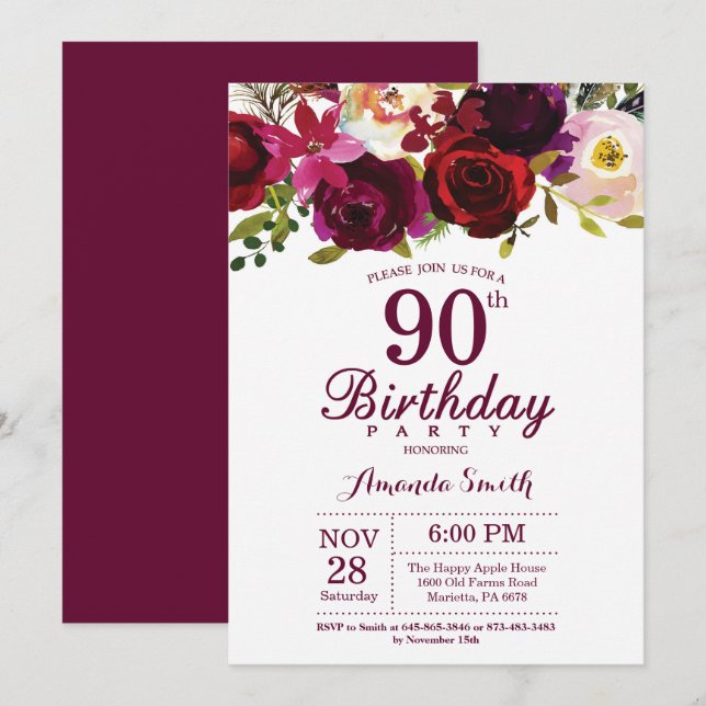Burgundy Floral 90th Birthday Party Invitation (Front/Back)