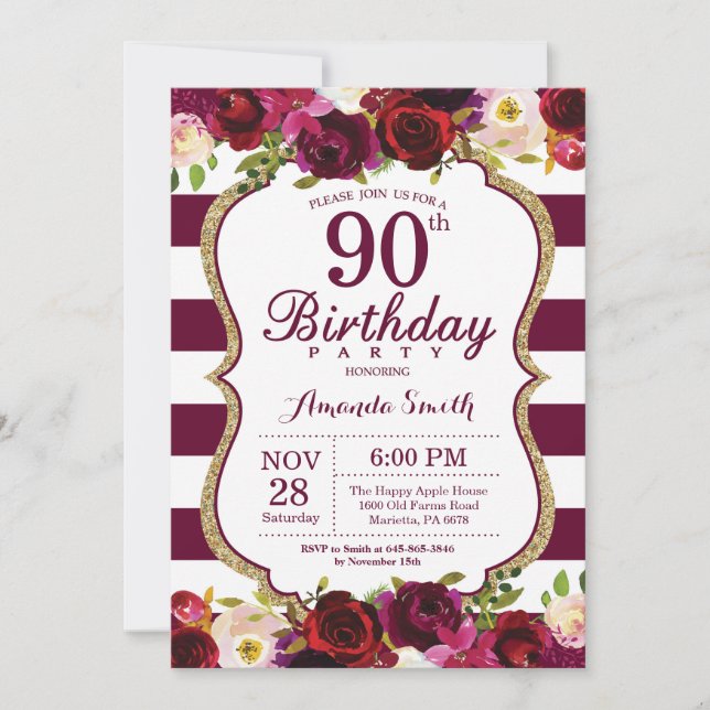 Burgundy Floral 90th Birthday Party Invitation (Front)