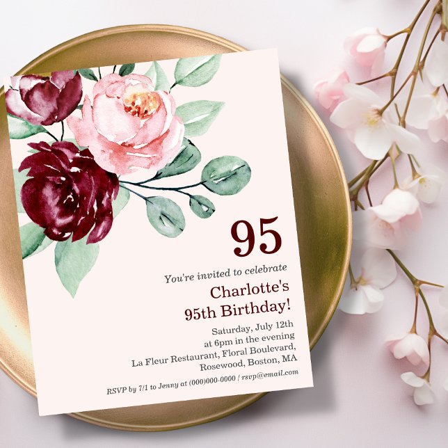 Burgundy Floral 95th Budget Birthday Invitation (Creator Uploaded)