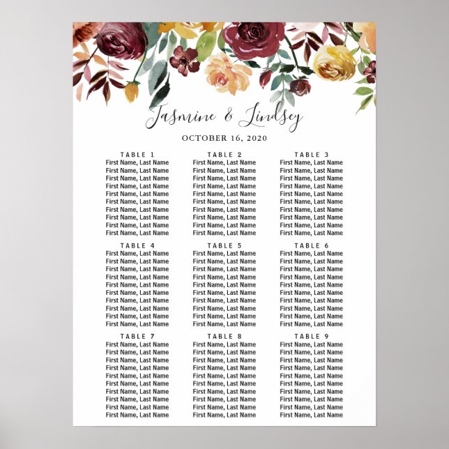Burgundy Floral 9 Tables Wedding Seating Chart (Front)