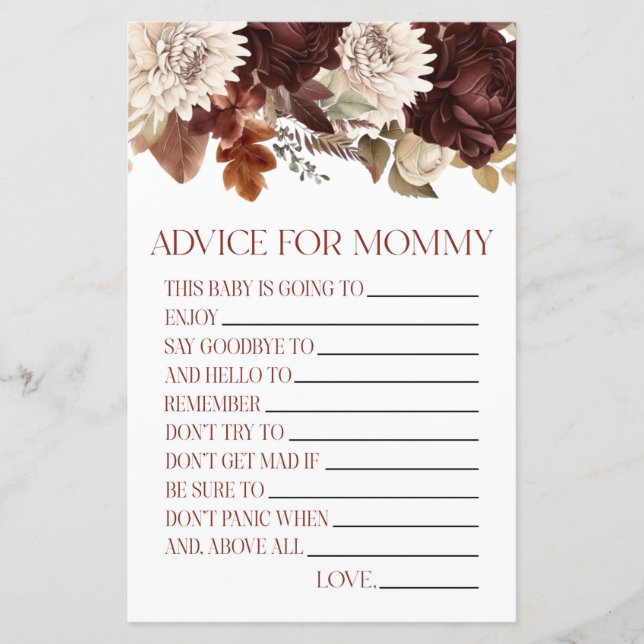 Burgundy Floral Advice Baby Shower Game Activity (Front)