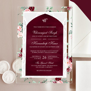 Burgundy Floral Anand Karaj Punjabi Sikh Wedding Acrylic Invitations