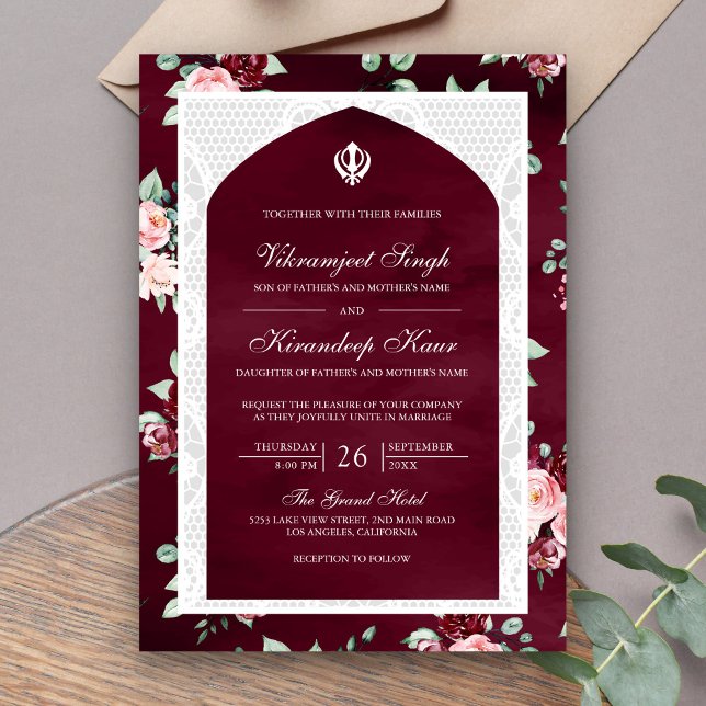 Burgundy Floral Anand Karaj Punjabi Sikh Wedding Invitation (Creator Uploaded)