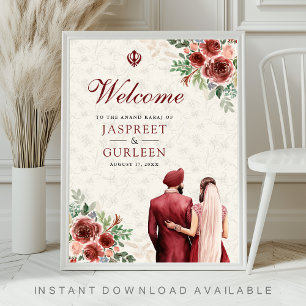 Burgundy Floral Anand Karaj Wedding Welcome Sign