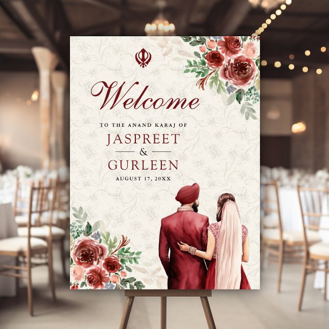 Burgundy Floral Anand Karaj Wedding Welcome Sign (Creator Uploaded)