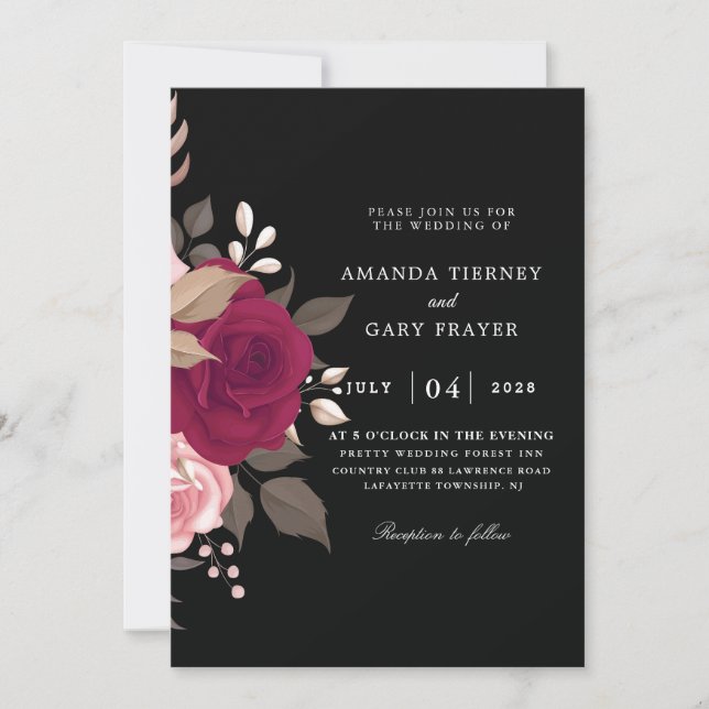 burgundy floral and black wedding invitations (Front)
