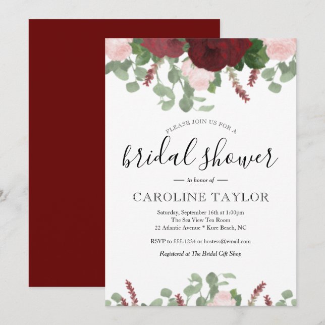 Burgundy Floral and Blush Pink Bridal Shower Invitation (Front/Back)