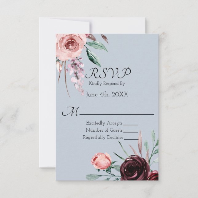 Burgundy Floral and Dusty Blue Wedding RSVP Card (Front)