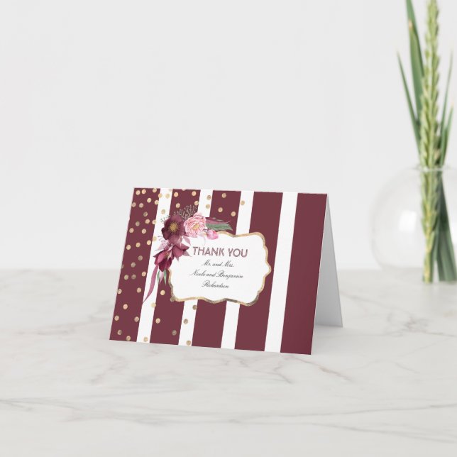 Burgundy Floral and Gold Confetti Dots Thank You (Front)