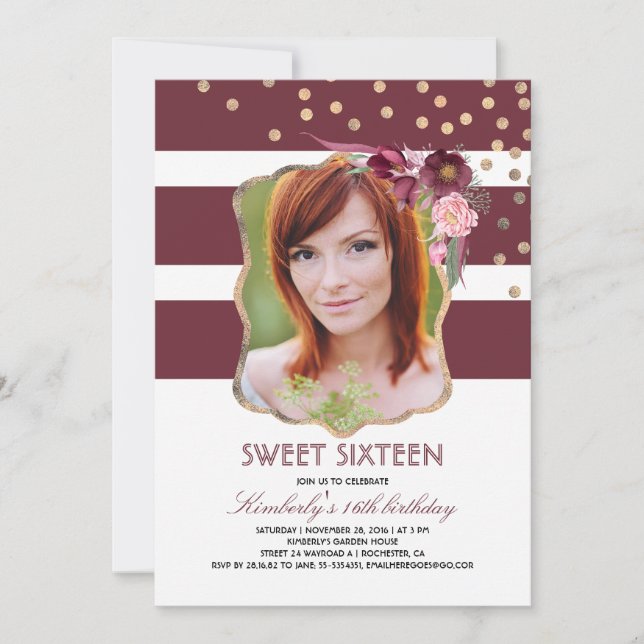 Burgundy Floral and Gold Photo Birthday Sweet 16 Invitation (Front)