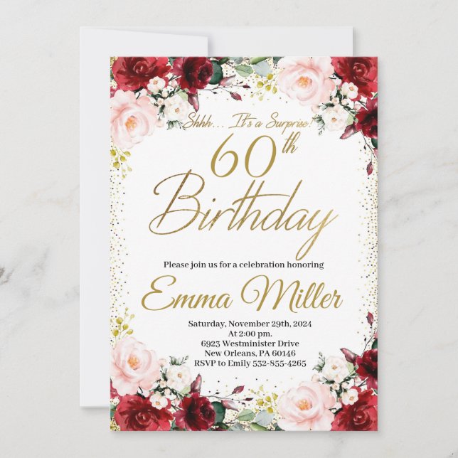 Burgundy Floral and Gold Surprise 60th Birthday Invitation (Front)