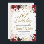 Burgundy Floral and Gold Surprise 80th Birthday Invitation<br><div class="desc">Burgundy Floral Women 80th Birthday Invitation, Red Floral And Gold, Surprise invitation. This design features pretty painted, Watercolor Blush Pink Floral. Click the customise button for more flexibility in modifying the text or moving the graphics. Contact us if you need this design applied to a specific product to create your...</div>