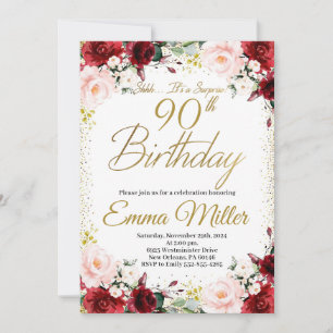 Burgundy Floral and Gold Surprise 90th Birthday Invitation