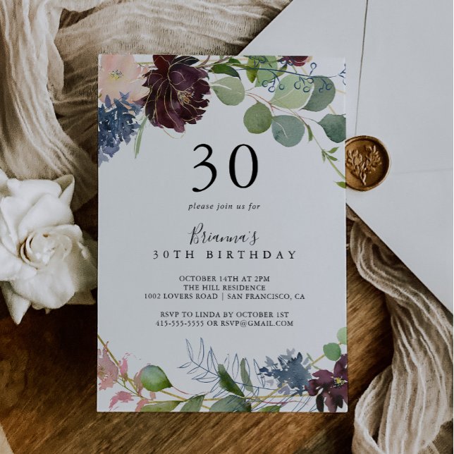 Burgundy Floral and Greenery 30th Birthday Party Invitation (Creator Uploaded)