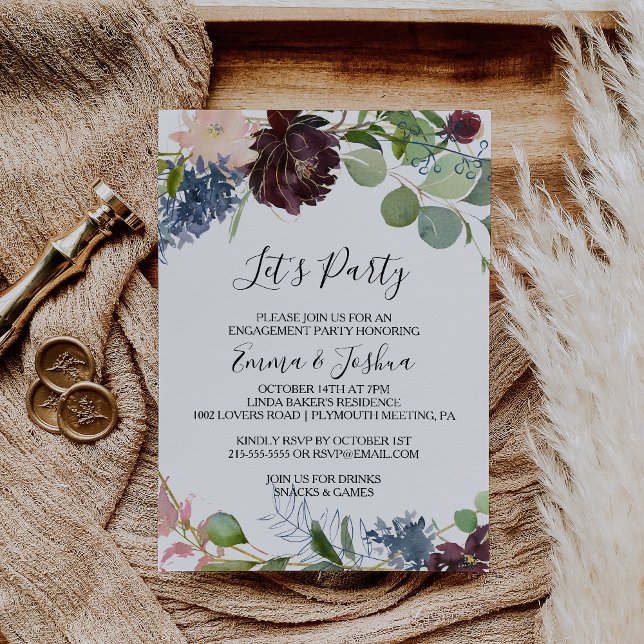 Burgundy Floral and Greenery Let's Party Invitation (Creator Uploaded)
