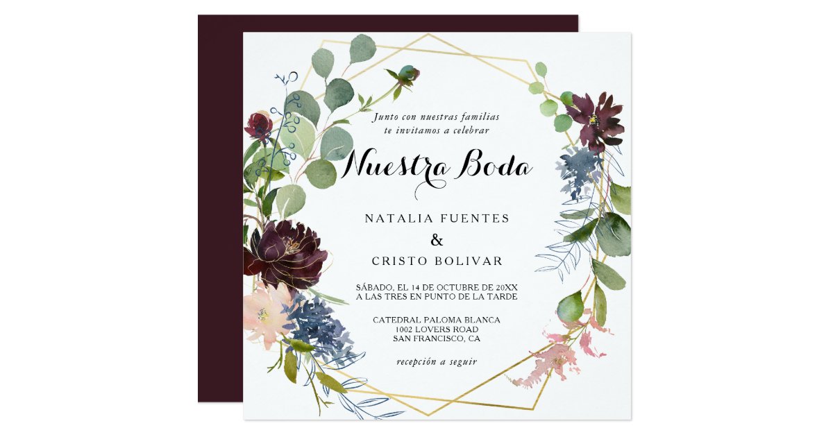 Burgundy Floral and Greenery Spanish Wedding Invitation