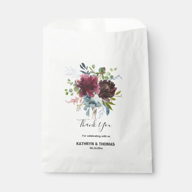 Burgundy Floral and Greenery Thank You Wedding Favour Bags (Front)