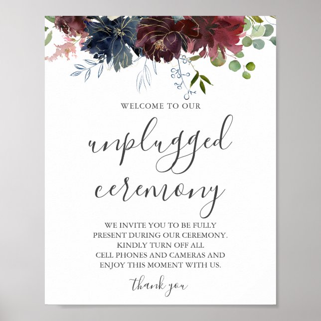 Burgundy Floral and Greenery Unplugged Wedding Poster (Front)
