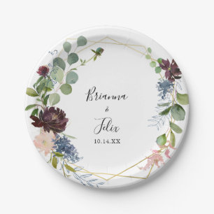 Burgundy Floral and Greenery Wedding Cake Paper Plate