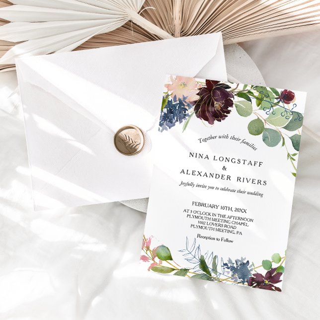 Burgundy Floral and Greenery Wedding Invitation (Creator Uploaded)