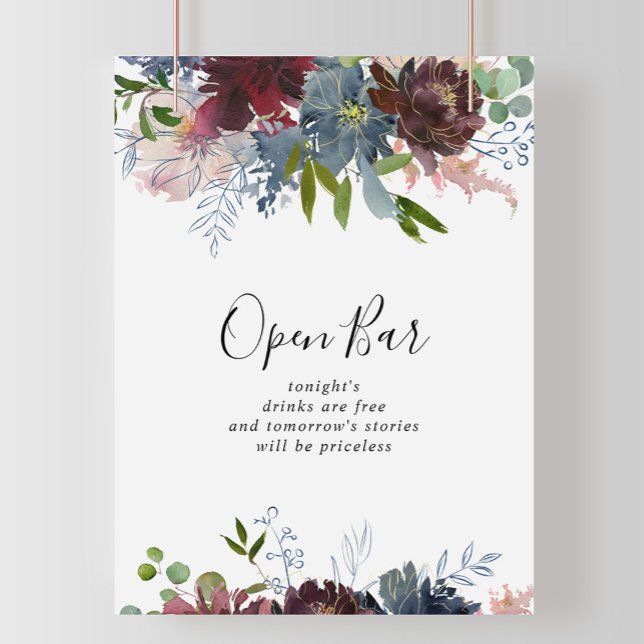 Burgundy Floral and Greenery Wedding Open Bar Sign (Creator Uploaded)