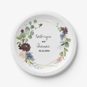 Burgundy Floral and Greenery Wedding Paper Plate