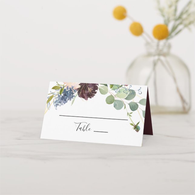 Burgundy Floral and Greenery Wedding Place Card (Front)