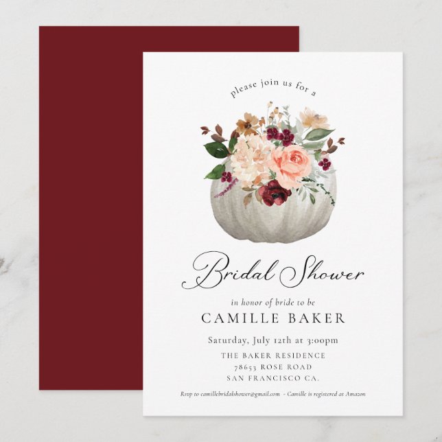 Burgundy Floral and Pumpkin Bridal Shower Invitation (Front/Back)