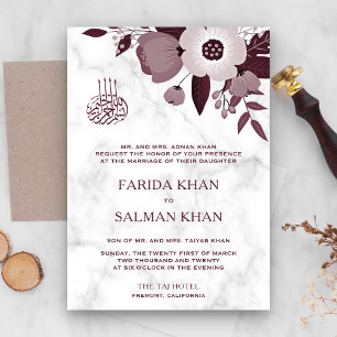 Burgundy Floral and White Marble Islamic Wedding Invitation