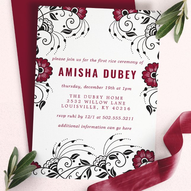 Burgundy Floral Annaprashan First Rice Ceremony Invitation (Creator Uploaded)
