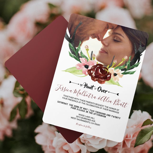 Burgundy Floral Antler Boho Hunt is Over Wedding Invitation (Creator Uploaded)