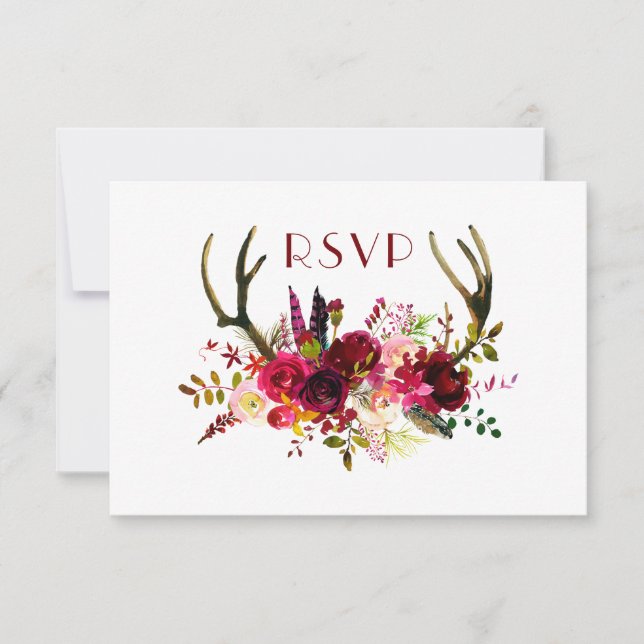 Burgundy Floral Antlers | buffet + guests invited RSVP Card (Front)