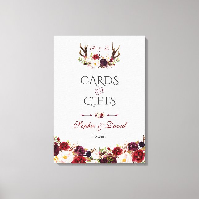 Burgundy Floral Antlers Cards & Gifts Wedding Canvas Print (Front)
