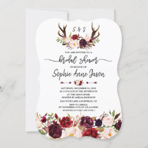 Burgundy Floral Antlers Handwriting Bridal Shower Invitation