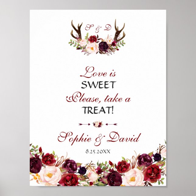 Burgundy Floral Antlers Love is Sweet Take a Treat Poster (Front)