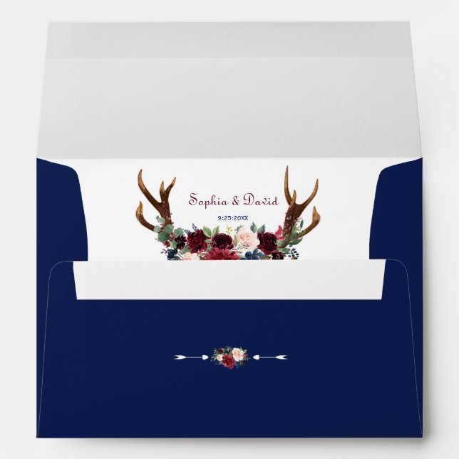 Burgundy Floral Antlers Royal Navy Blue Wedding Envelope (Back (Bottom))