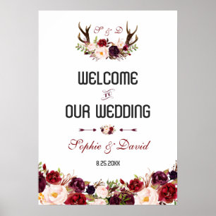 Burgundy Floral Antlers Welcome Wedding Sign