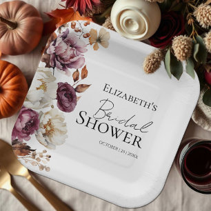 Burgundy Floral Arch Fall Bridal Shower Paper Plate