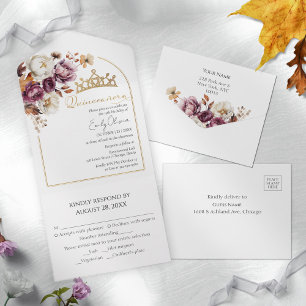 Burgundy Floral Arch Fall Quinceanera All In One Invitation