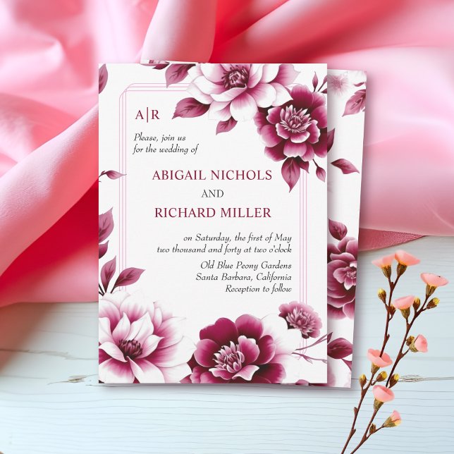 Burgundy floral arrangement, triple border wedding invitation (Creator Uploaded)