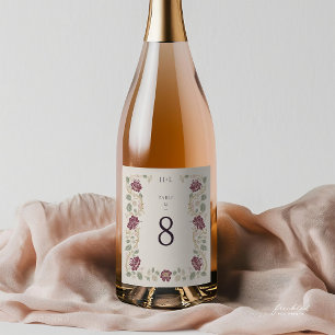 Burgundy Floral Art Nouveau Wedding Table Number Sparkling Wine Label