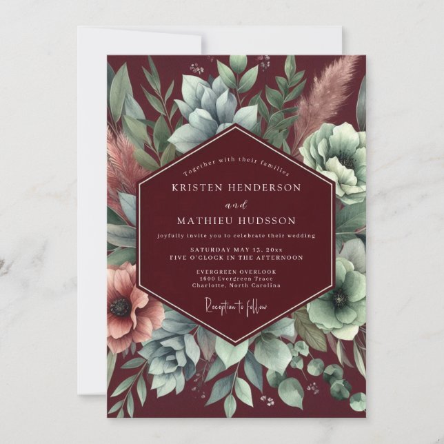 Burgundy Floral Assemblage Wedding Invitation (Front)