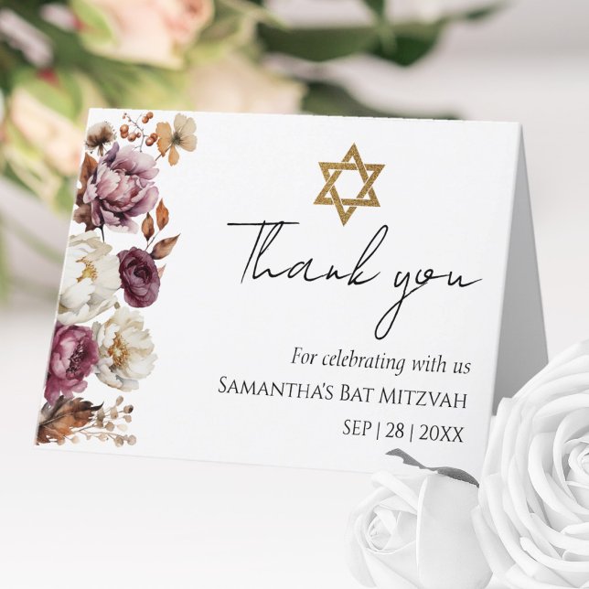 Burgundy Floral Autumn Arch Bat Mitzvah Thank You Card (Creator Uploaded)