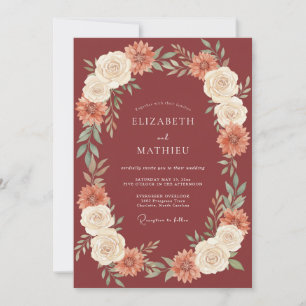 Burgundy Floral Autumn Blossom Wedding Invitation
