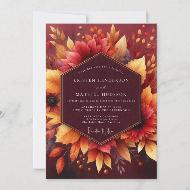 Burgundy Floral Autumn Flourish Wedding Invitation (Front)