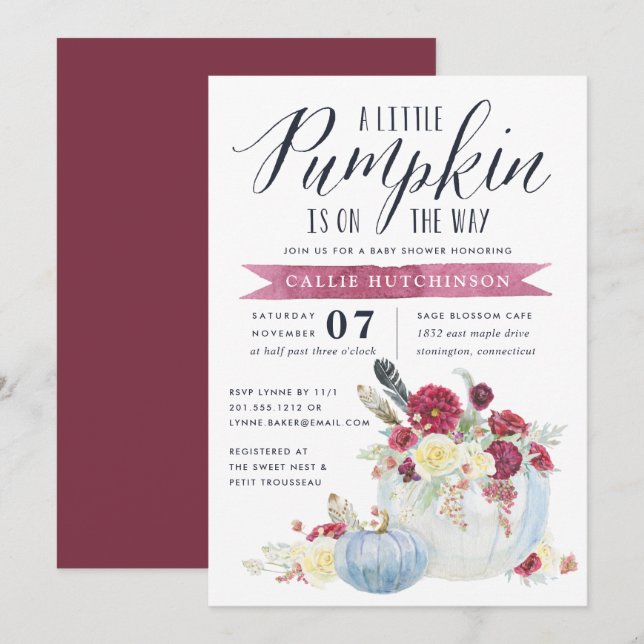 Burgundy Floral & Autumn Pumpkin Baby Shower Invitation (Front/Back)