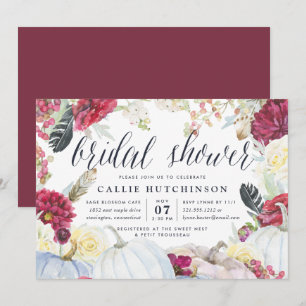 Burgundy Floral & Autumn Pumpkin Bridal Shower Invitation